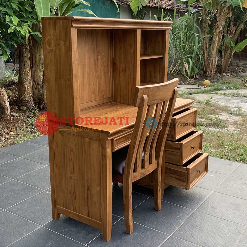 model meja belajar sekaligus rak buku